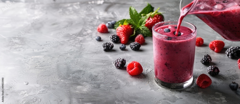 Aufkleber berry smoothie being poured into a highball glass on a concrete countertop with a blank space for an