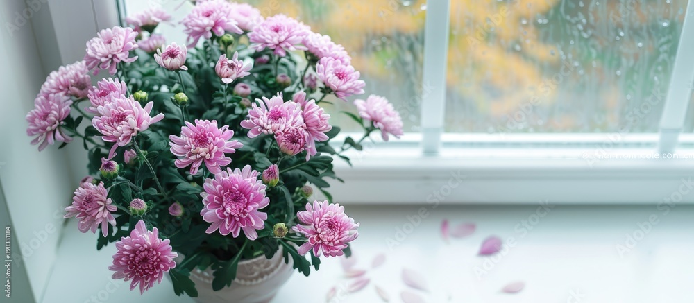 Aufkleber Chrysanthemum flowers in a lovely pot are on a white windowsill indoors viewed from above with a backdrop for text in the image. Creative banner. Copyspace image