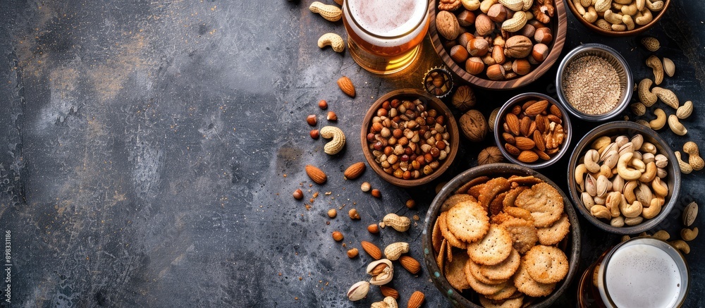 Poster Top view of assorted nuts lager beer and snacks displayed on a stone table with plenty of space for additional content in the image