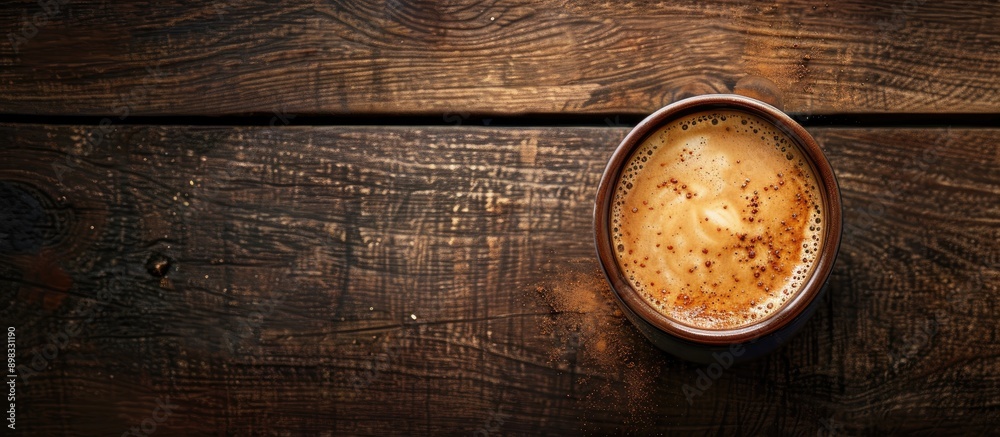 Poster Top view of a cappuccino topped with milk on a dark wooden surface showcasing a free copy space image
