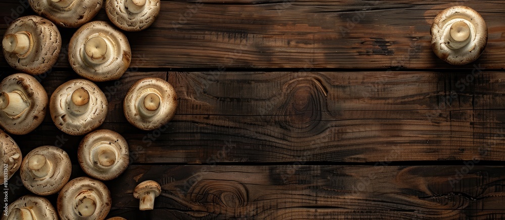 Aufkleber Top down view of champignons mushrooms displayed on a dark wooden surface with ample copy space image available for text