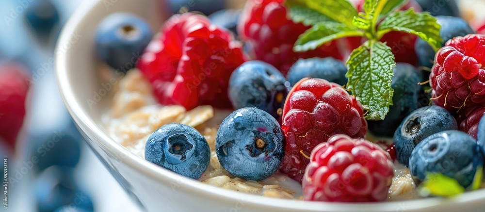 Poster a bowl of oatmeal porridge topped with colorful fresh berries is featured in the copy space image