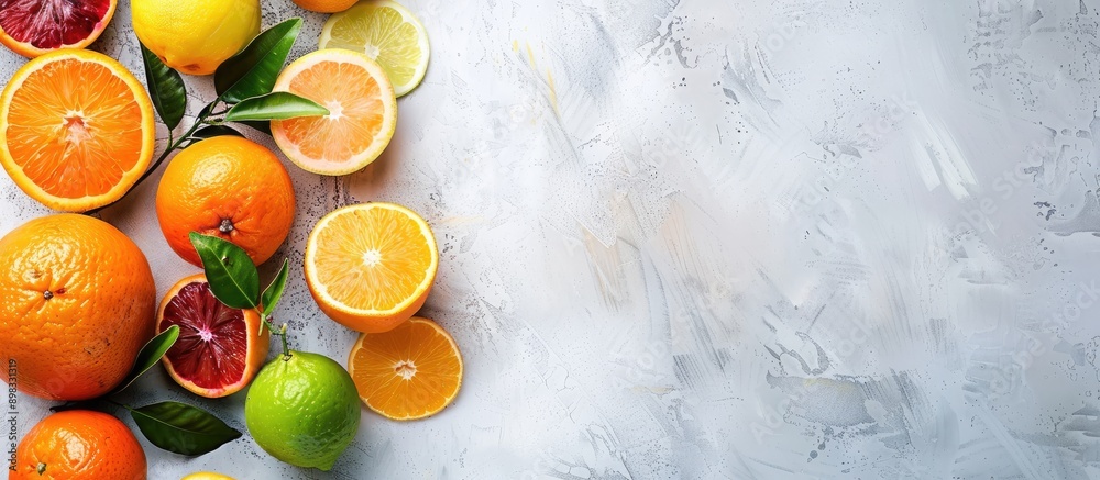 Poster assortment of juicy citrus fruits with copy space image