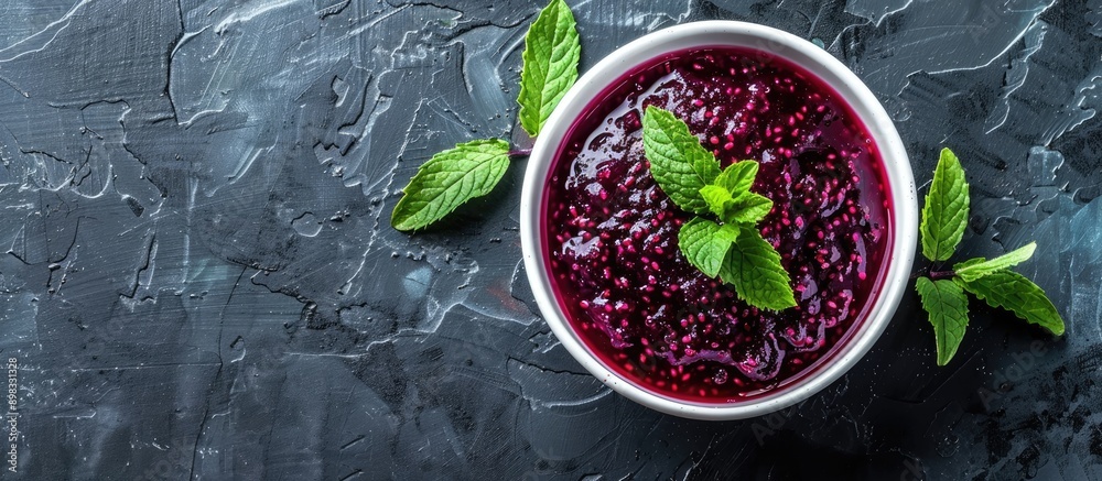 Poster bowl containing mulberry jam topped with mint leaves with copy space image