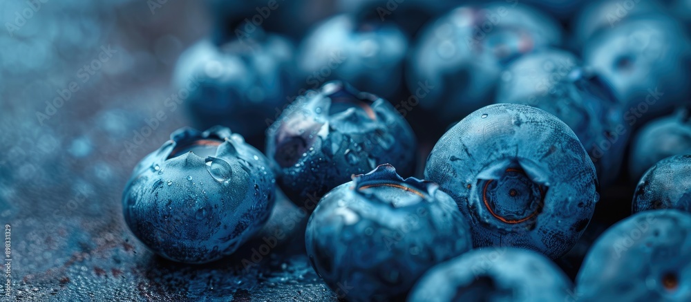 Poster close up photo of vibrant blueberries with space for text set in a moody food image. creative banner