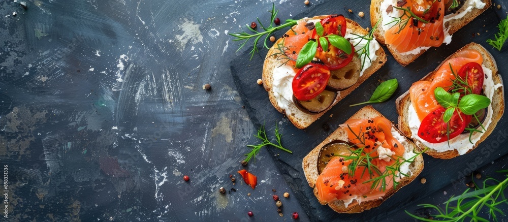 Aufkleber a display of healthy open sandwiches featuring salted salmon sun dried tomato grilled aubergine bulg