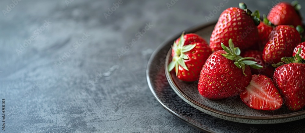 Poster close up of ripe strawberries on a plate with available copy space image