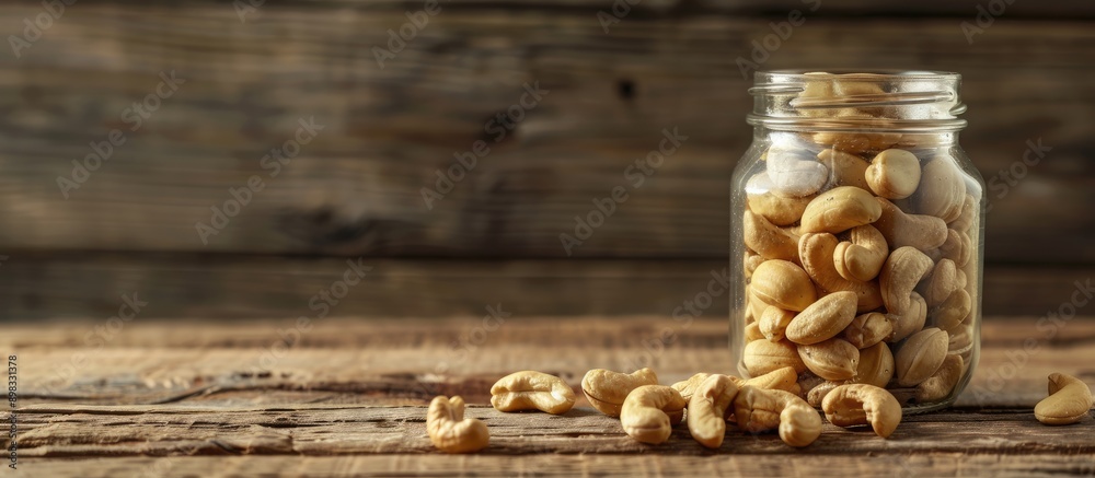Poster cashew nuts displayed in a glass jar on a wooden background with copy space image
