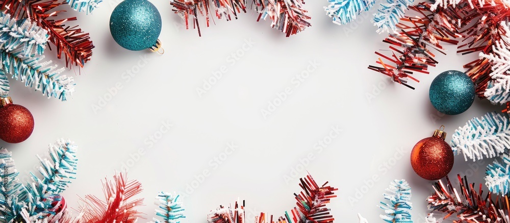 Poster top view flat lay of decorative frame on white backdrop with tinsel and christmas balls ideal for ho
