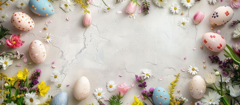 Aufkleber Top down view of Easter themed background featuring eggs spring flowers and a blank space for adding text or images. Creative banner. Copyspace image