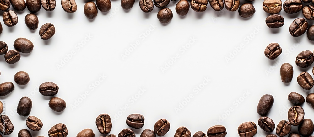 Aufkleber Close up of aromatic roasted coffee beans on white background frame with copy space image for text highlighting the texture and rich aroma