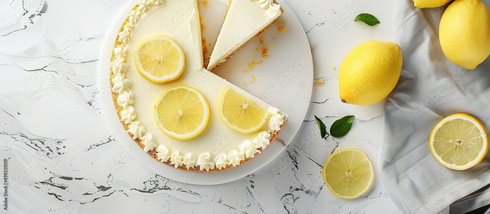 Poster cheesecake viewed from the top on white boards with lemon slices creating a picturesque copy space i