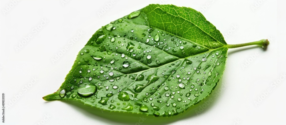Poster Close up isolated on a white background a green leaf with water droplets in a copy space image