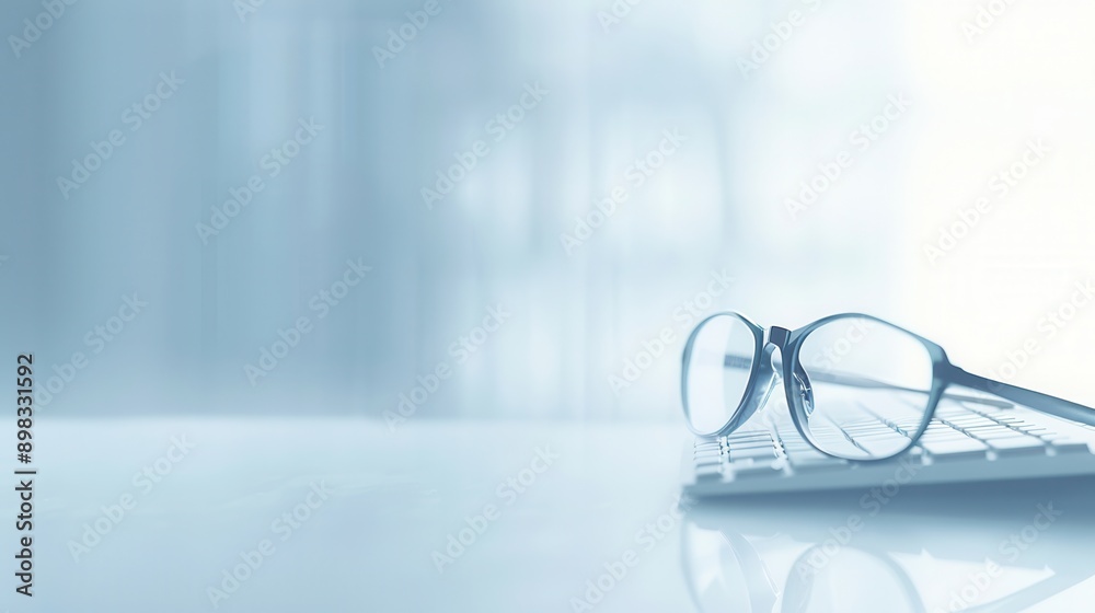 Poster a pair of glasses sits on a white keyboard, suggesting a work break in a modern office space. genera