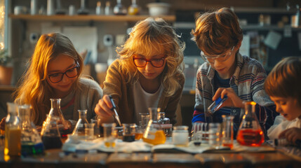 Woman teacher and little students playing with scientific tools on table in the children's science classroom. Back to school education concept. Generative ai.