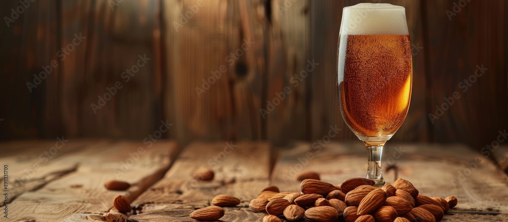 Wall mural Beer glass and almond nut arrangement on wooden backdrop with copy space image