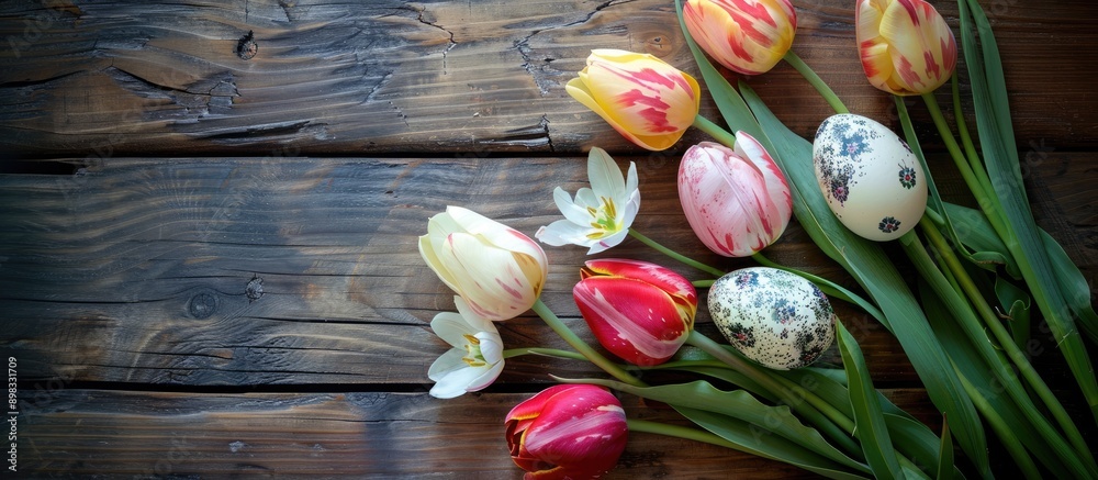 Aufkleber On an aged wooden table there is an arrangement of Easter eggs and fresh tulips creating a charming scene with copy space image