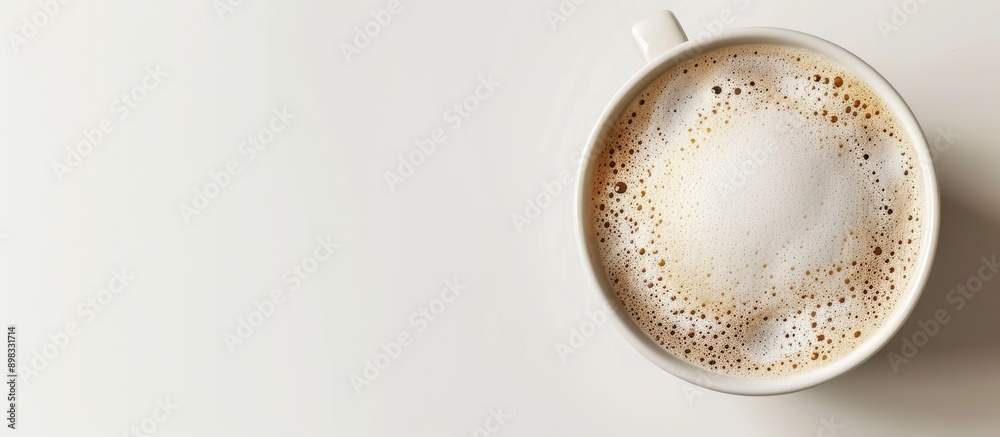 Sticker Close up top view of a white coffee cup with a foam fondue perfect for cappuccino or latte against a copy space image