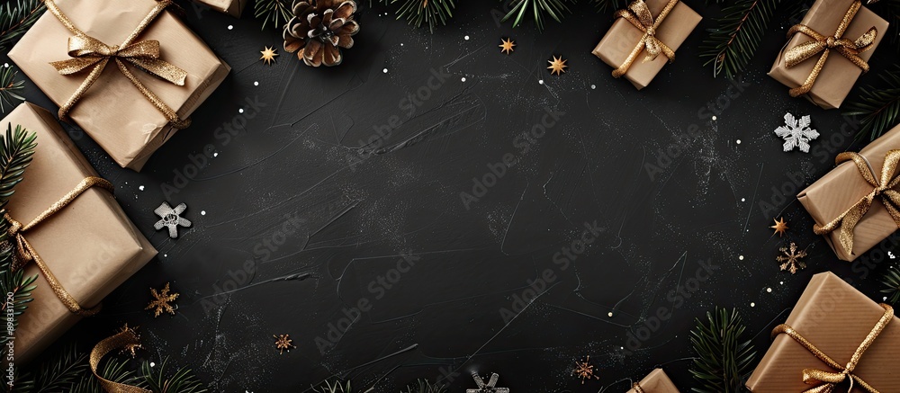Poster a classy black background with a stylish frame and festive gifts perfect for christmas and new year 