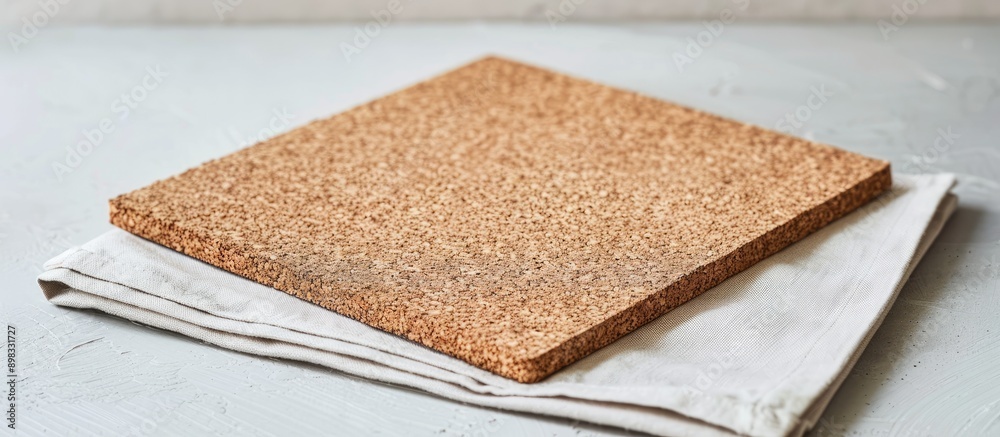 Poster a cork board on a cotton napkin placed elegantly on a white table to serve as a natural backdrop for