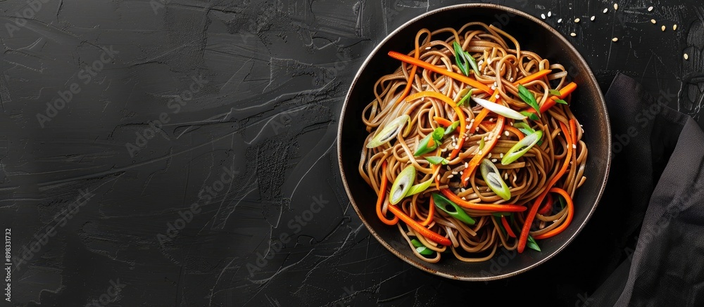 Leinwandbilder Close up of a bowl of soba noodles with carrots and scallions on a black background suitable for adding text with copy space image