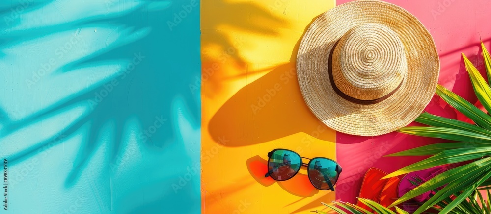 Leinwandbilder create a summer vacation vibe with beach items juxtaposed against a colorful wall providing a blank 