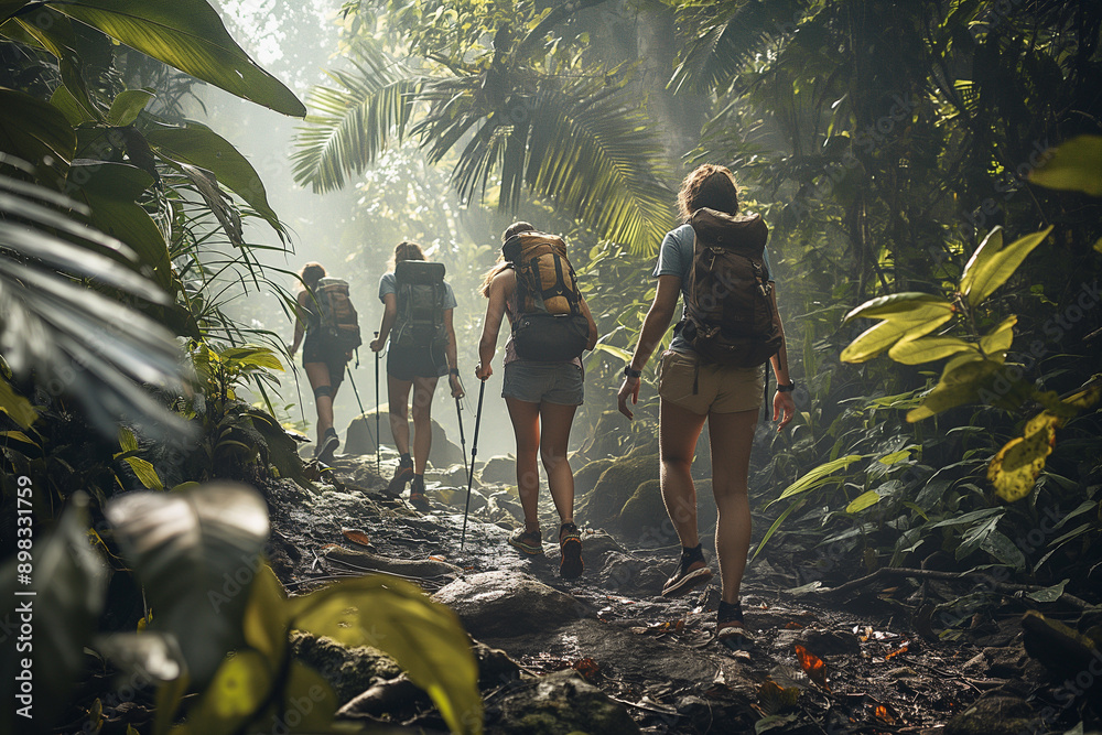 Wall mural Trekking Expedition in Amazon Rainforest with Friends