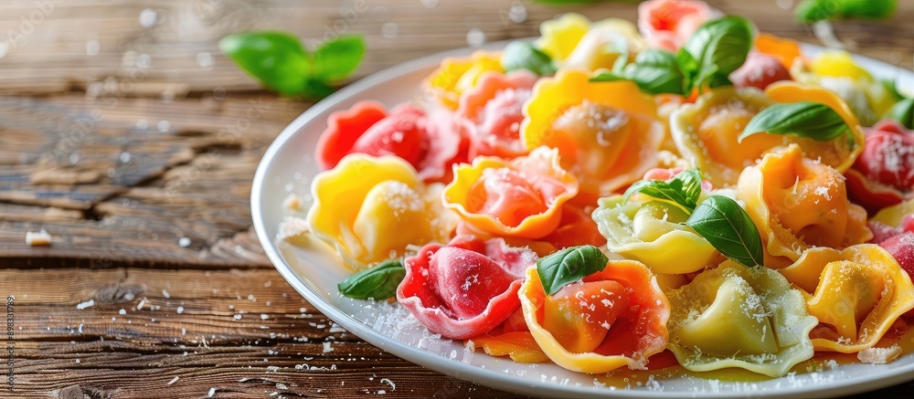 Poster Close up of colorful tortellini with melting butter arranged on a white plate on a wooden table topped with parmesan creating an appetizing copy space image