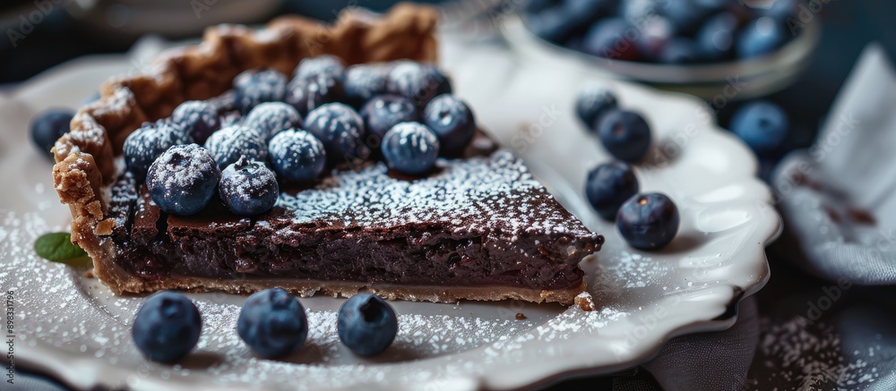 Poster close up horizontal image of chocolate pie in a white plate garnished with blueberries and powdered 