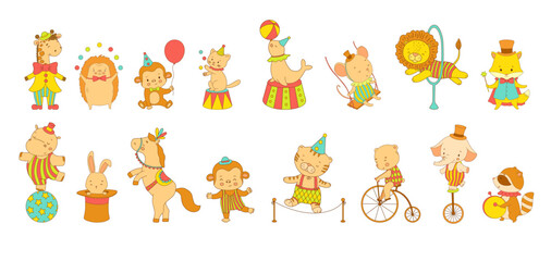 Fototapeta premium Cute circus animals in retro clothes, isolated illustrations set. Funny colorful lion, bear and giraffe. Hand drawn vector drawings for kids and nursery