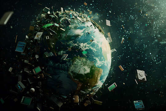 Old electronic devices on around world globe. E waste and recycling concept