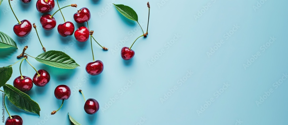 Aufkleber Top view of a cherry frame on a light blue backdrop with space for adding text ideal for a copy space image