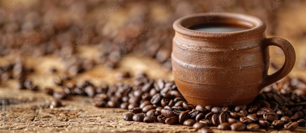 Poster coffee filled clay cup with grains in the background perfect for a copy space image