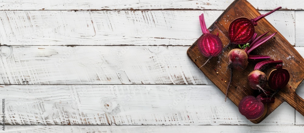 Aufkleber beetroot on a cutting board against a white wood background with space for text or image. creative b