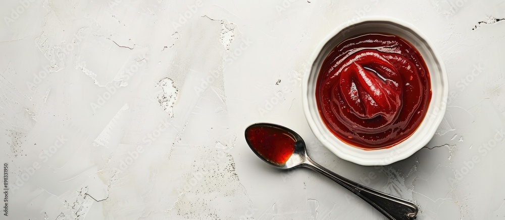 Poster top down view of a bowl and spoon containing organic ketchup on a white table offering copy space fo