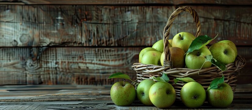 A basket filled with fresh green apples from the garden is placed in front of a wooden wall providing ample copy space for your text