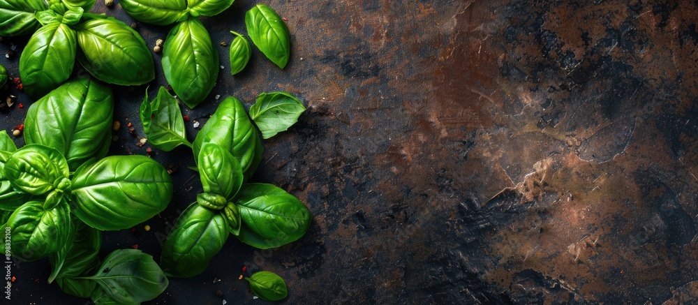 Poster Top view of basil a green herb used in cooking on a food background with space for text or images. Creative banner. Copyspace image