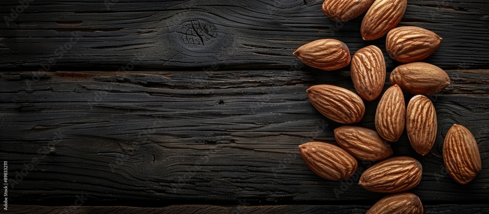 Poster almonds positioned on a dark wooden surface with a focus on their organic protein rich nature creati