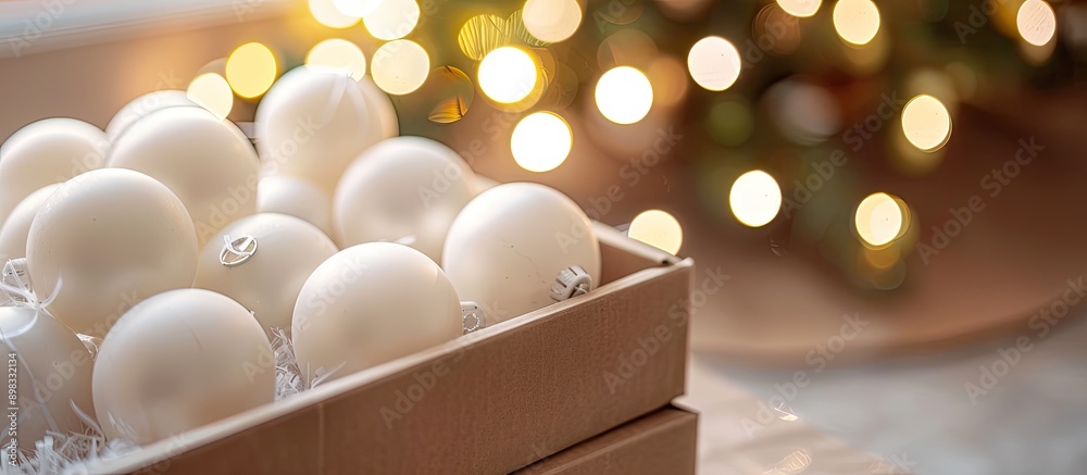 Poster a box filled with white christmas balls ideal for a copy space image