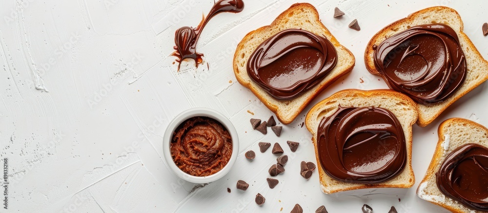 Poster Bengali slice bread with chocolate spread displayed in a flatlay image on a white background with available copy space