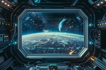 Obraz premium Space Station Window. A frame of futuristic metal and glass, with blinking lights and control panels. The center is a vast, black expanse of space with distant stars and planets