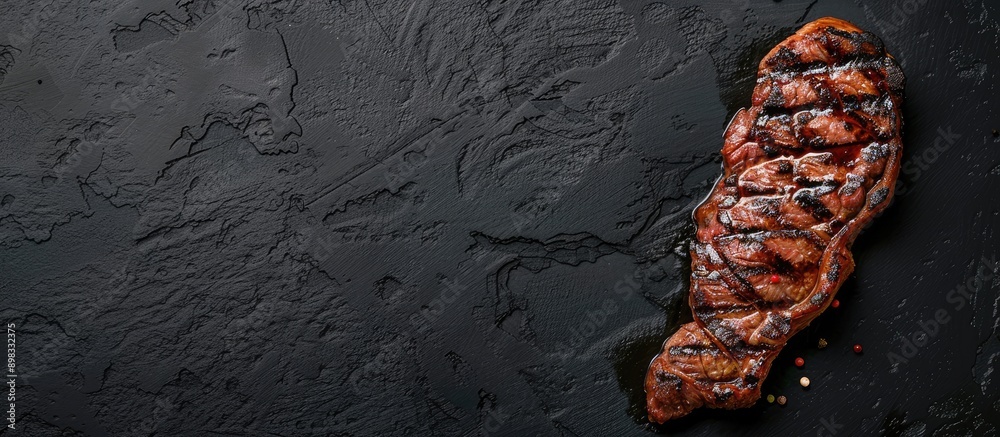Poster top view of a bbq strip new york steak on a black background with copy space image