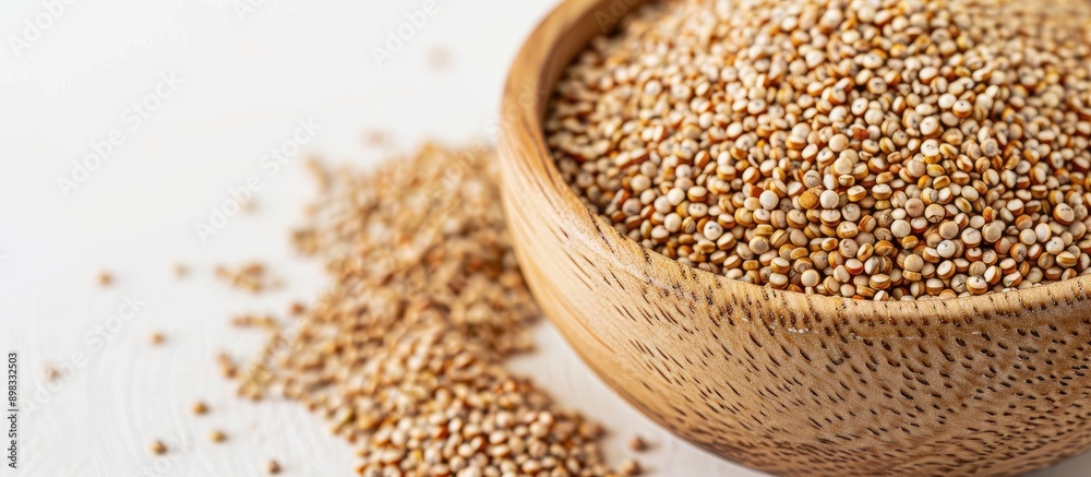 Poster Chenopodium quinoa grains in a bowl with a white background suitable for use as a copy space image