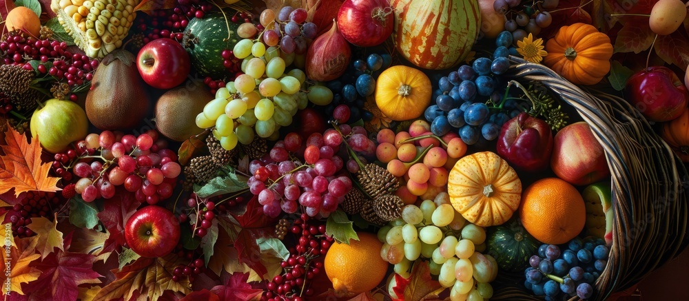 Poster Autumn s bounty displayed in a fall harvest cornucopia with an array of fruits and vegetables creating a picturesque arrangement in a copy space image