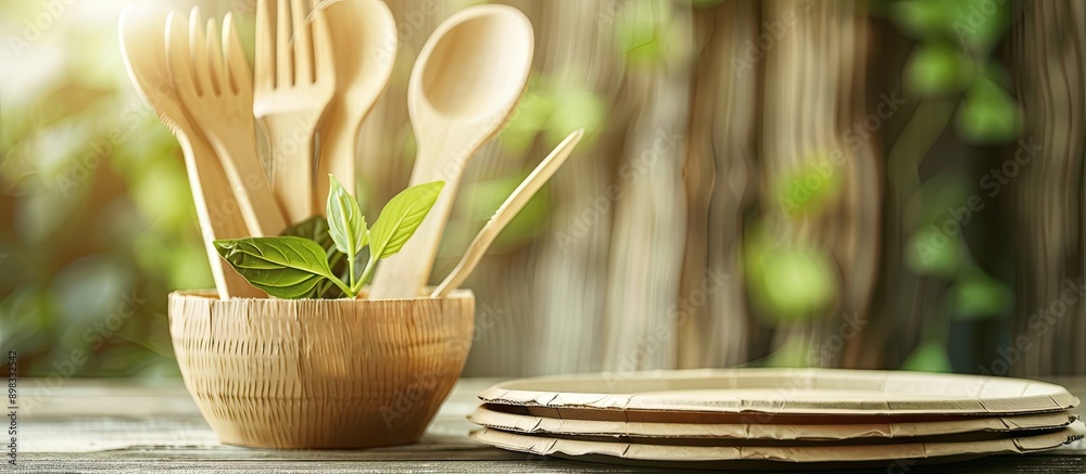 Poster close up of eco friendly disposable tableware with a focus on sustainability and the avoidance of pl