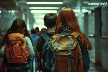 Obraz premium school children walking at school corridor