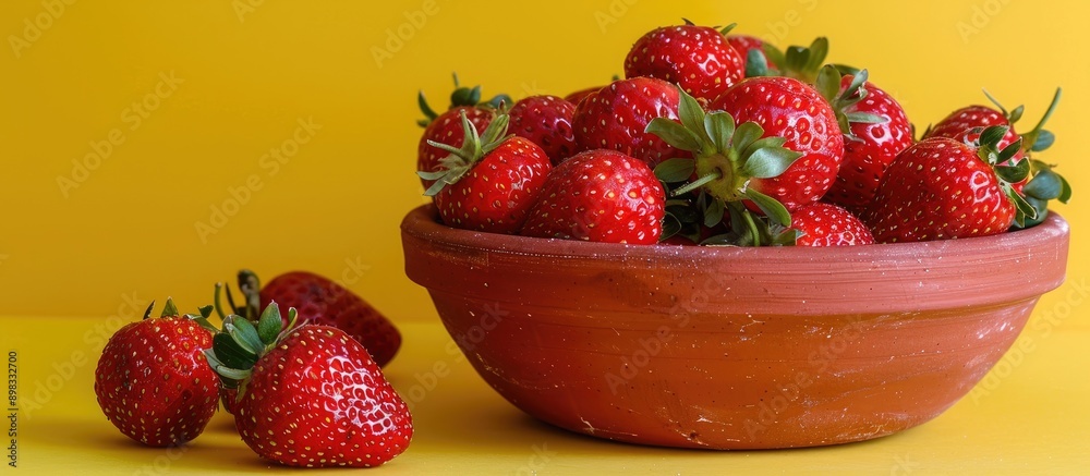 Aufkleber a clay bowl filled with fresh organic strawberries set against a yellow backdrop offering ample copy