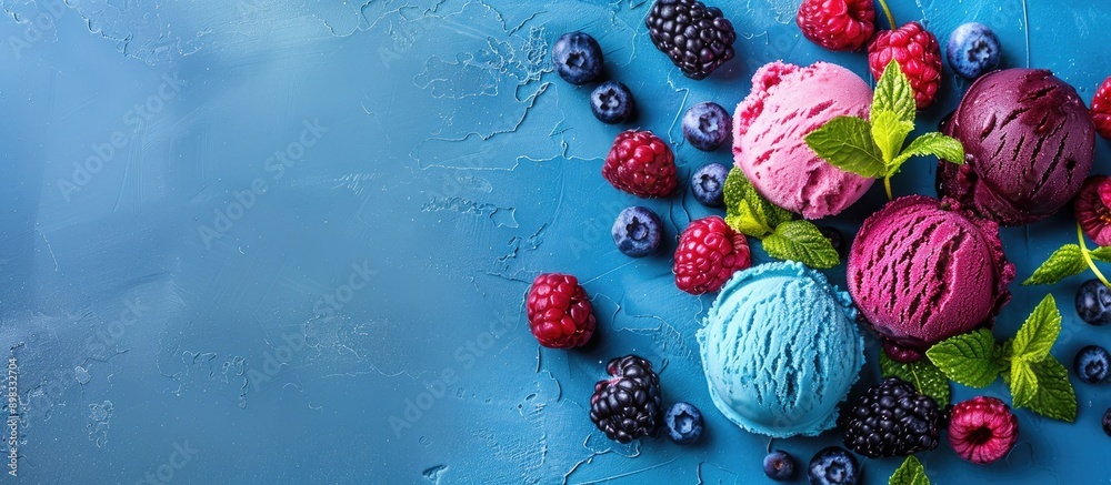 Aufkleber a blue backdrop displays a colorful ice cream serving topped with blueberries blackberries and raspb