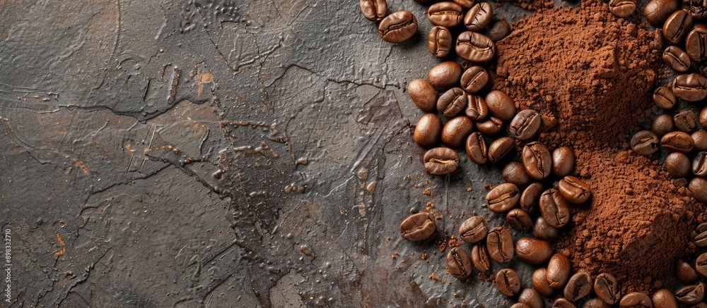 Aufkleber coffee beans and ground powder placed on a stone surface seen from above with available copy space i