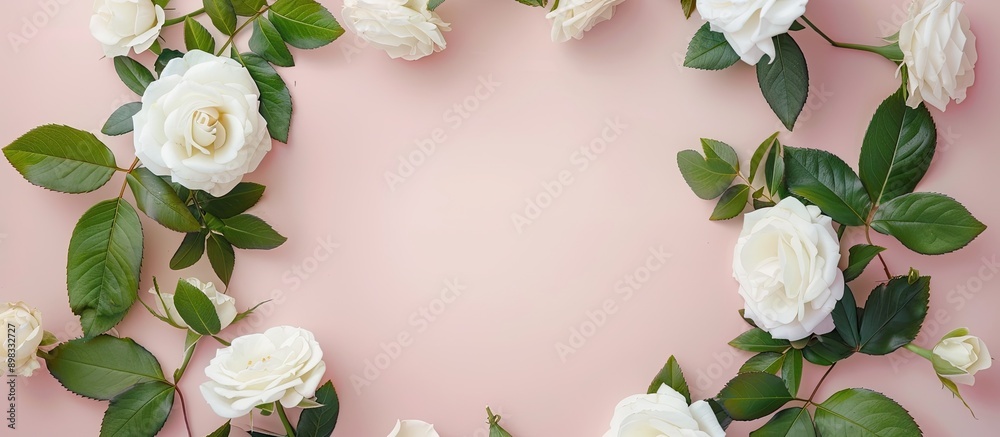 Aufkleber circular frame with white roses and green leaves on a soft pink backdrop for a flat lay top view sui